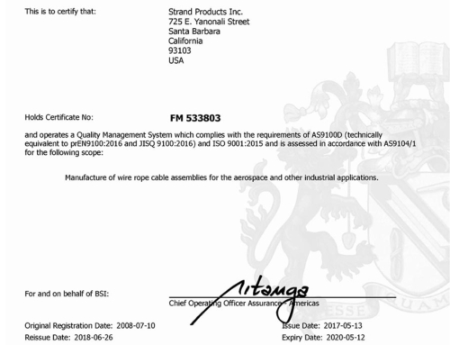 AS9100 Rev. D and ISO 9001:2015 Certification for Manufacture of Wire Rope Cable Assemblies
